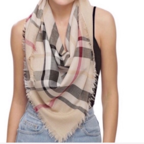 Beige Plaid Scarf Wrap Pashmina - Picture 2 of 8